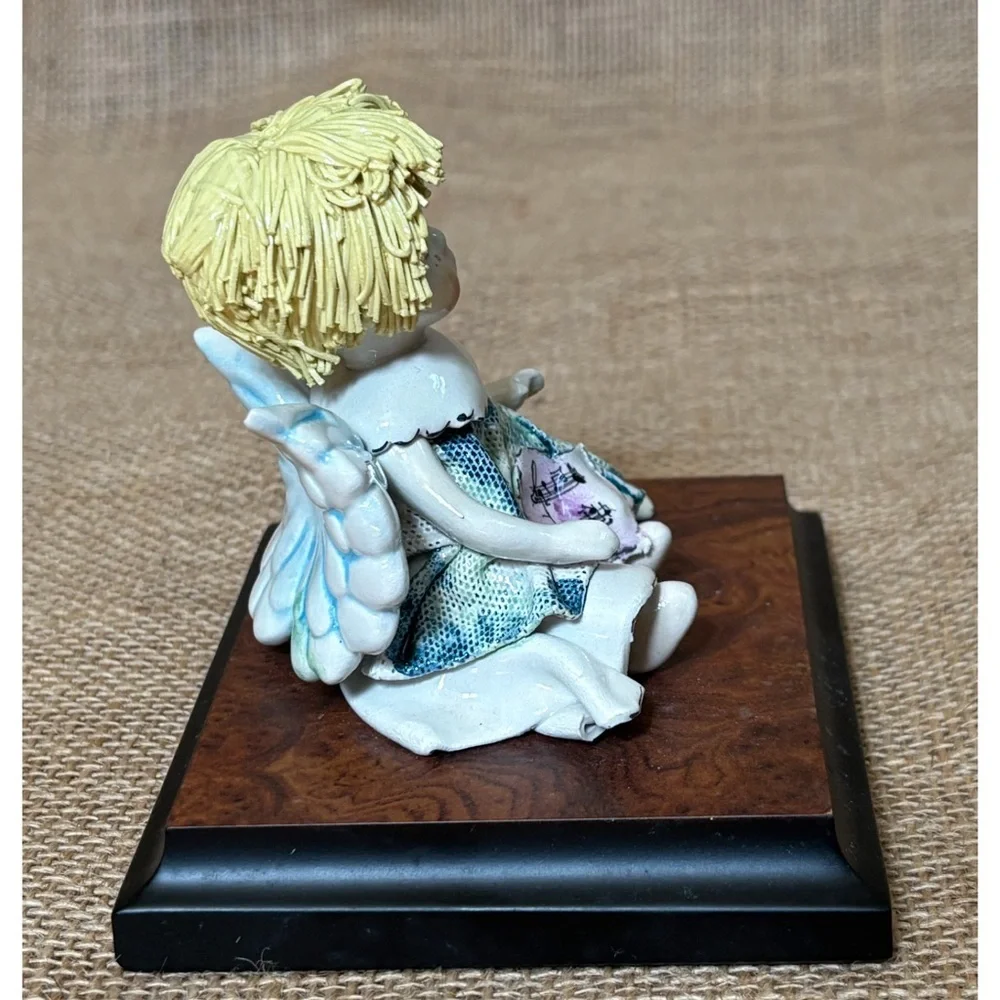 Signed Zampiva Porcelain Spaghetti Hair Angel Figurine Wood Mounted Italian